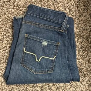 Kimes Ranch Blue Jeans with Distressed Details and Decorative Stitching
